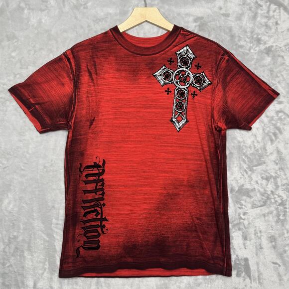 Affliction Shirt Mens Large Red Black Cross Angel Wings Live Fast Tee Graphic - Picture 1 of 11